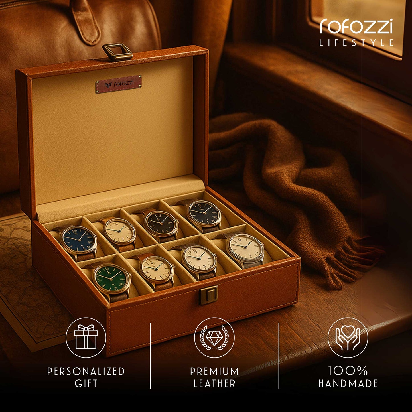 Customizable 8 - Slot Genuine Leather Watch Case Watch Case - Rofozzi