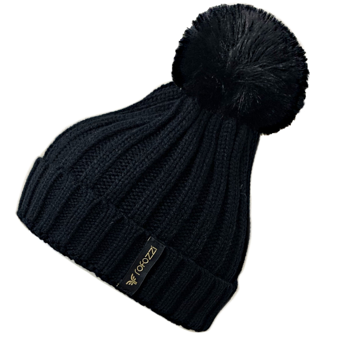 Winter Beanie Pompom Hat Women Detachable Faux Fur Ball - Black