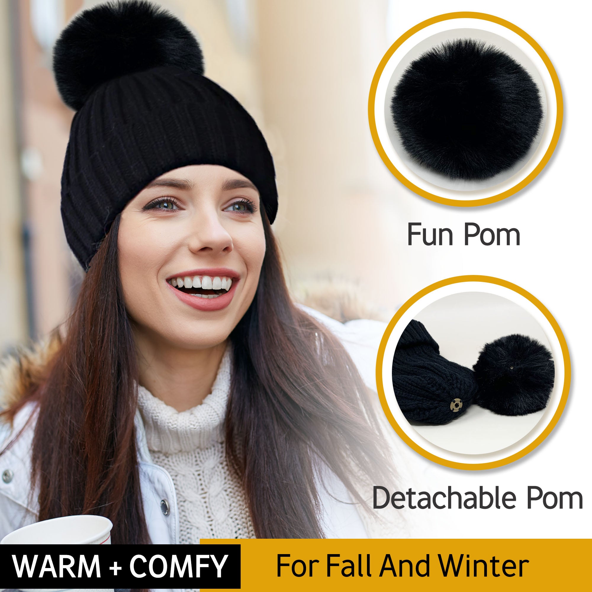 Winter Beanie Pompom Hat Women Detachable Faux Fur Ball - Black