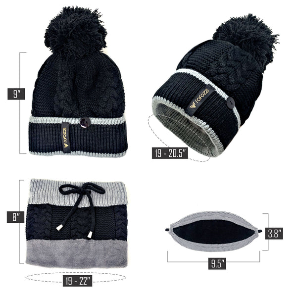 Women Winter Pompom Beanie Set w/ Hat, Face Cover, Neck Warmer - Rofozzi