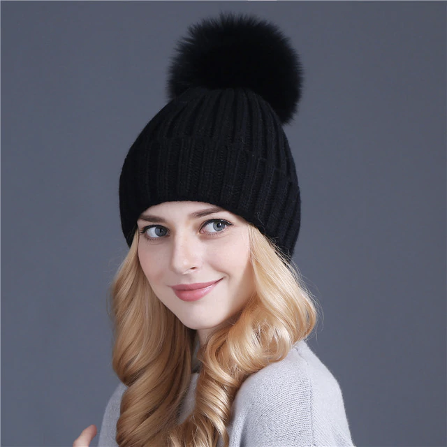 Winter Beanie Pompom Hat Women Detachable Faux Fur Ball - Black