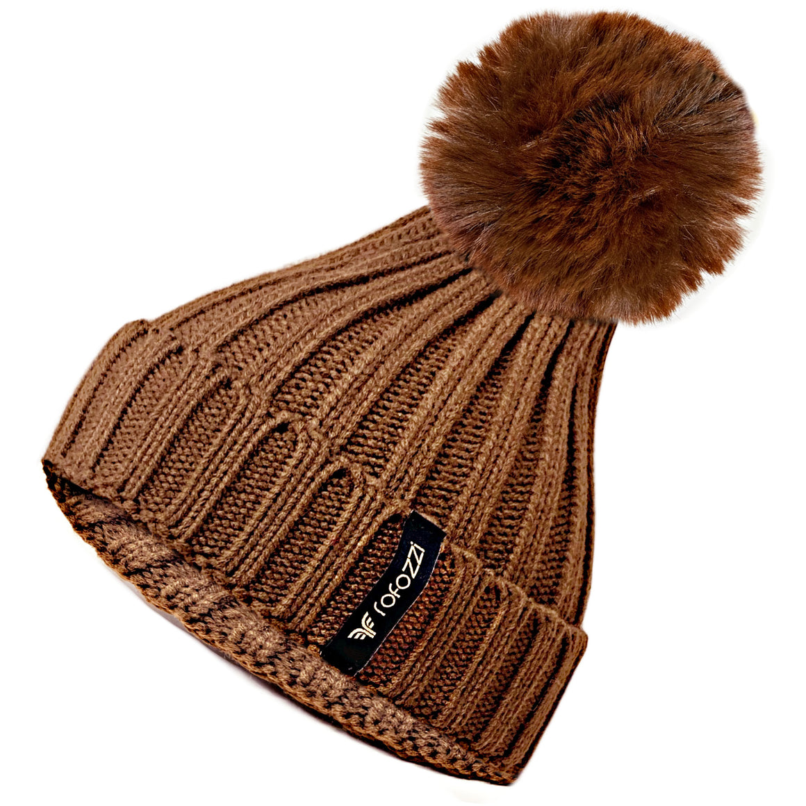 Winter Beanie Pompom Hat Women Detachable Faux Fur Ball - Brown