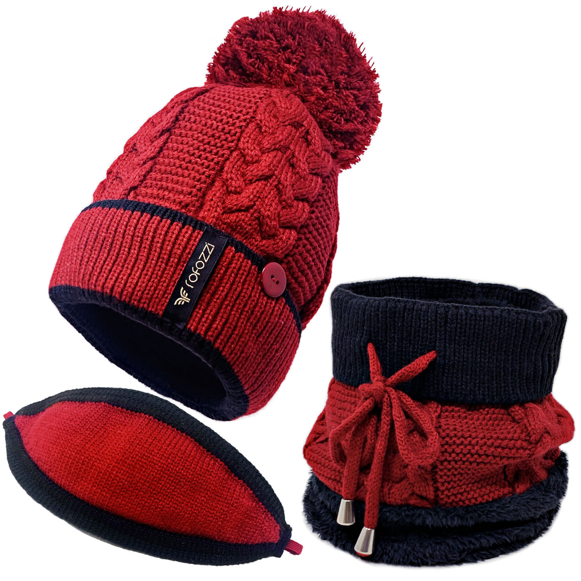 Pompom Beanie Hat Neck Warmer - 3-in-1 - Red