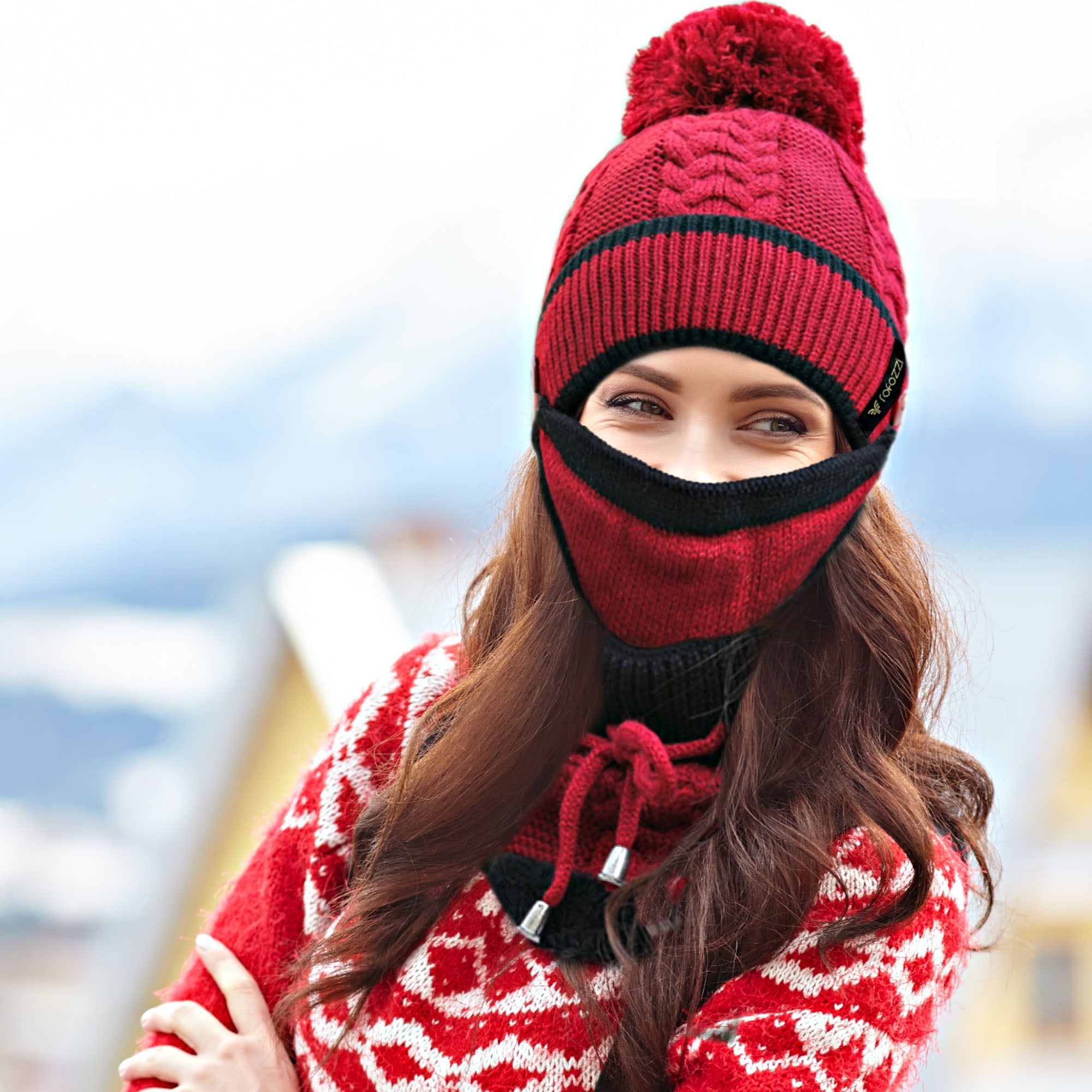 Women Winter Pompom Beanie Set w/ Hat, Face Cover, Neck Warmer - Rofozzi